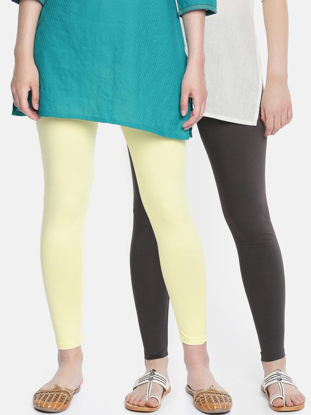 Dollar Missy Women Pack Of 2 Solid Cotton Ankle-Length Leggings, Yellow