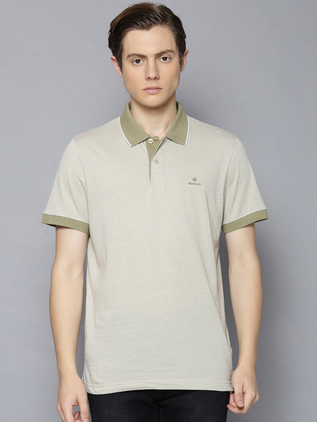 

GANT Men Beige Solid Polo Collar T-shirt