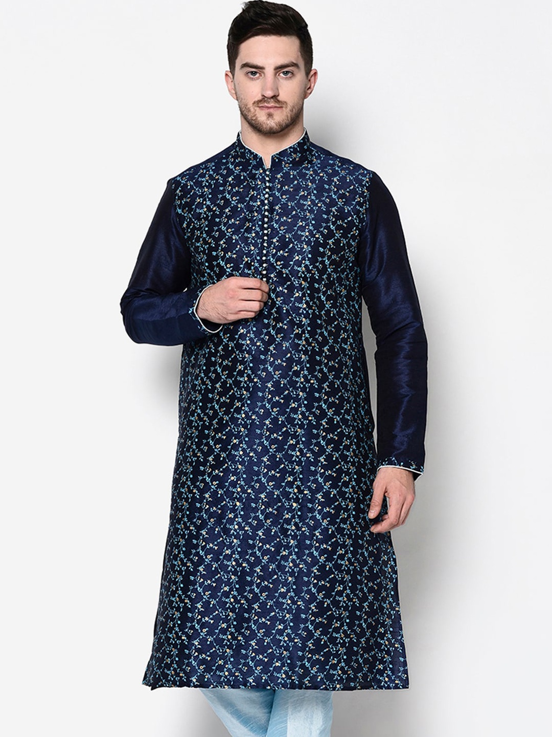 

DEYANN Men Navy Blue Floral Embroidered Thread Work Kurta