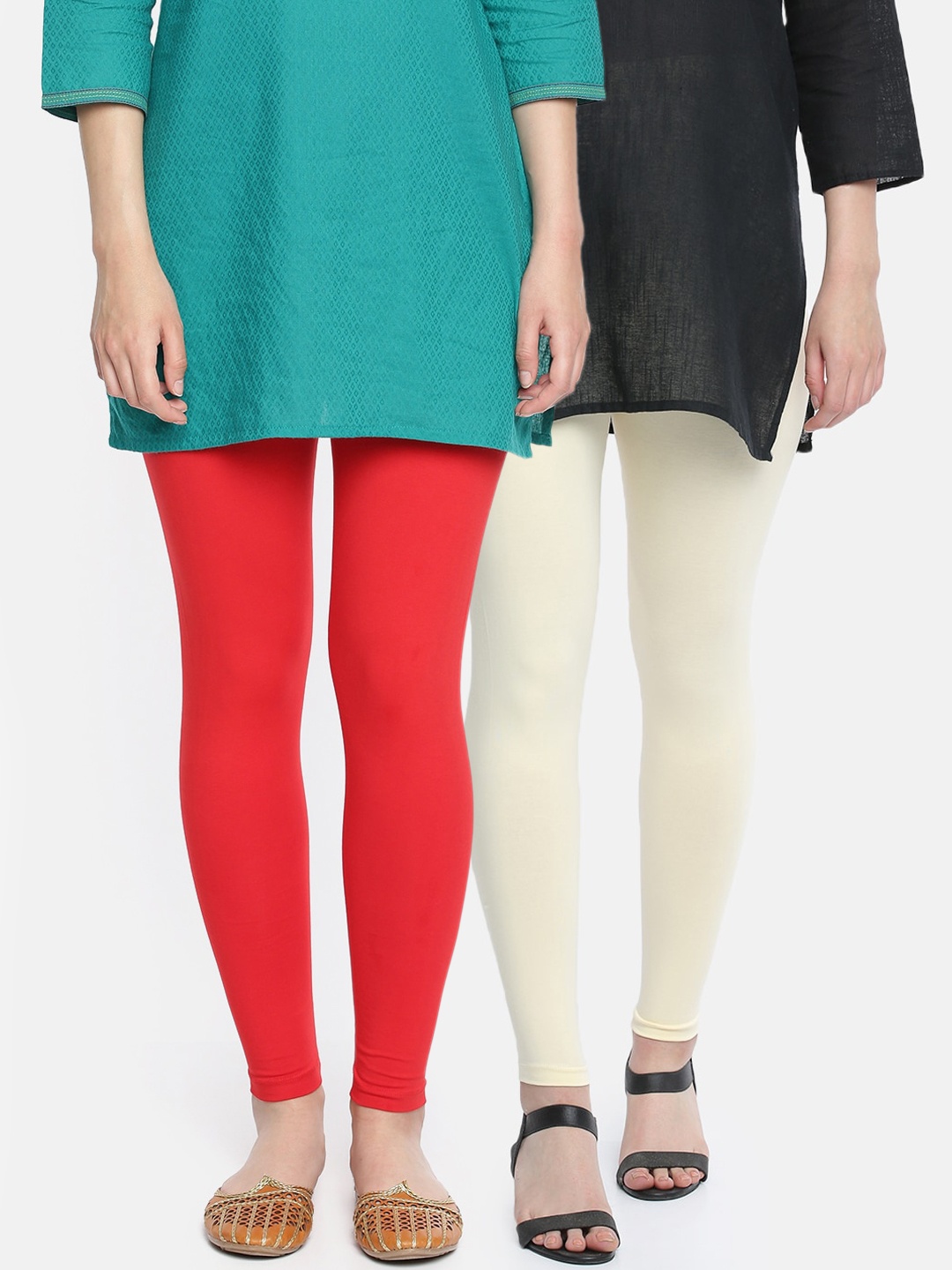 

Dollar Missy Women Pack Of 2 Solid Cotton Ankle-Length Leggings, Cream