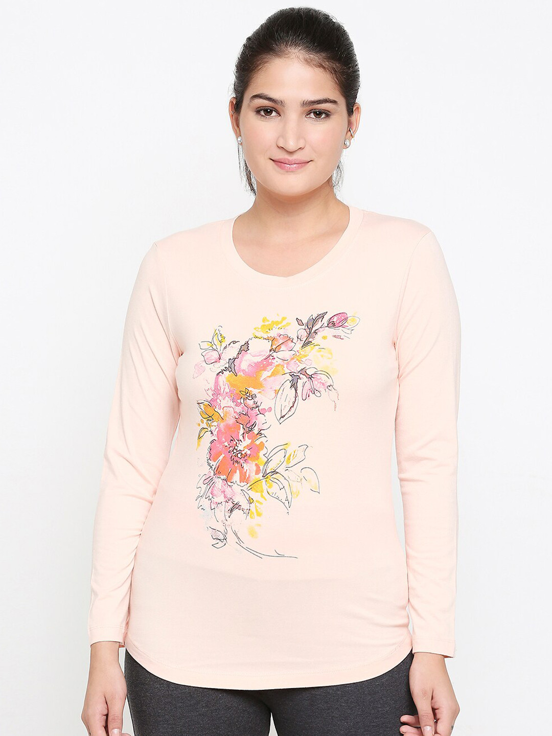 

XIN Women Peach-Coloured Printed V-Neck Cotton T-shirt