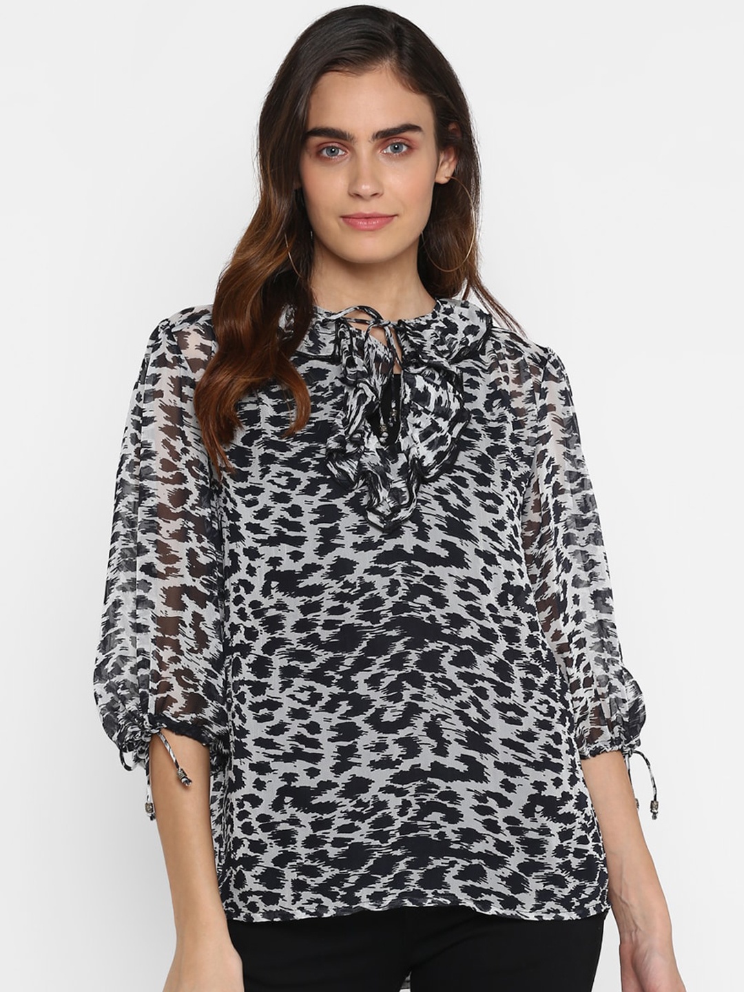 

HOUSE OF KKARMA White & Black Animal Printed Tie-Up Neck Georgette Regular Top