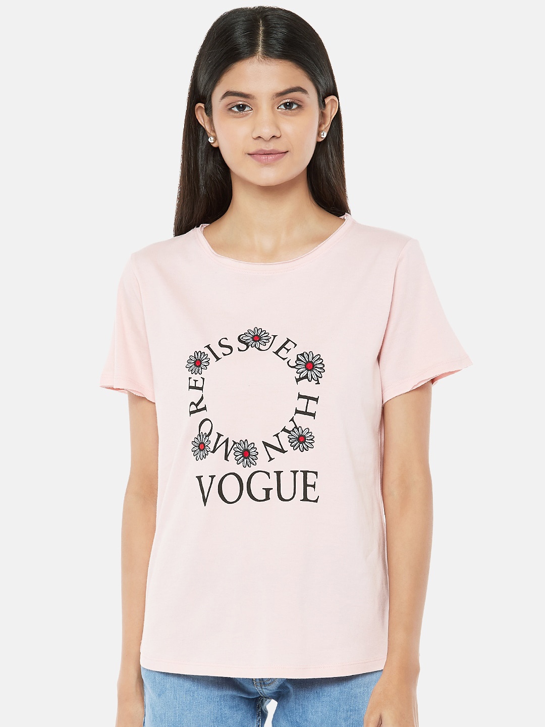 

People Women Pink Black Printed Round Neck Cotton Pure Cotton T-shirt
