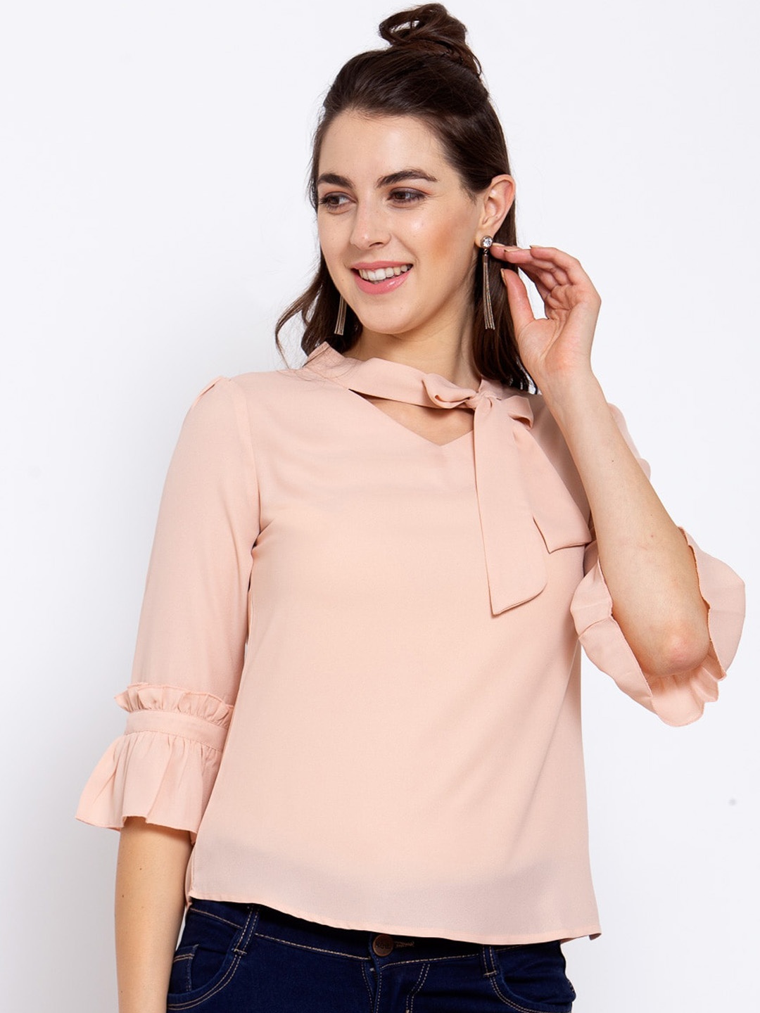

Style Quotient Nude-Coloured Tie-Up Neck Bell Sleeves Crepe Regular Top