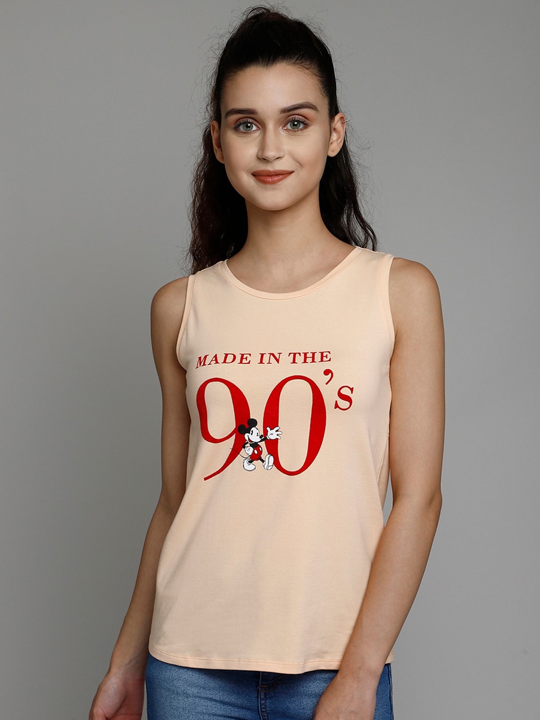 Free Authority Peach-Coloured Mickey Mouse Printed Pure Cotton Regular Top