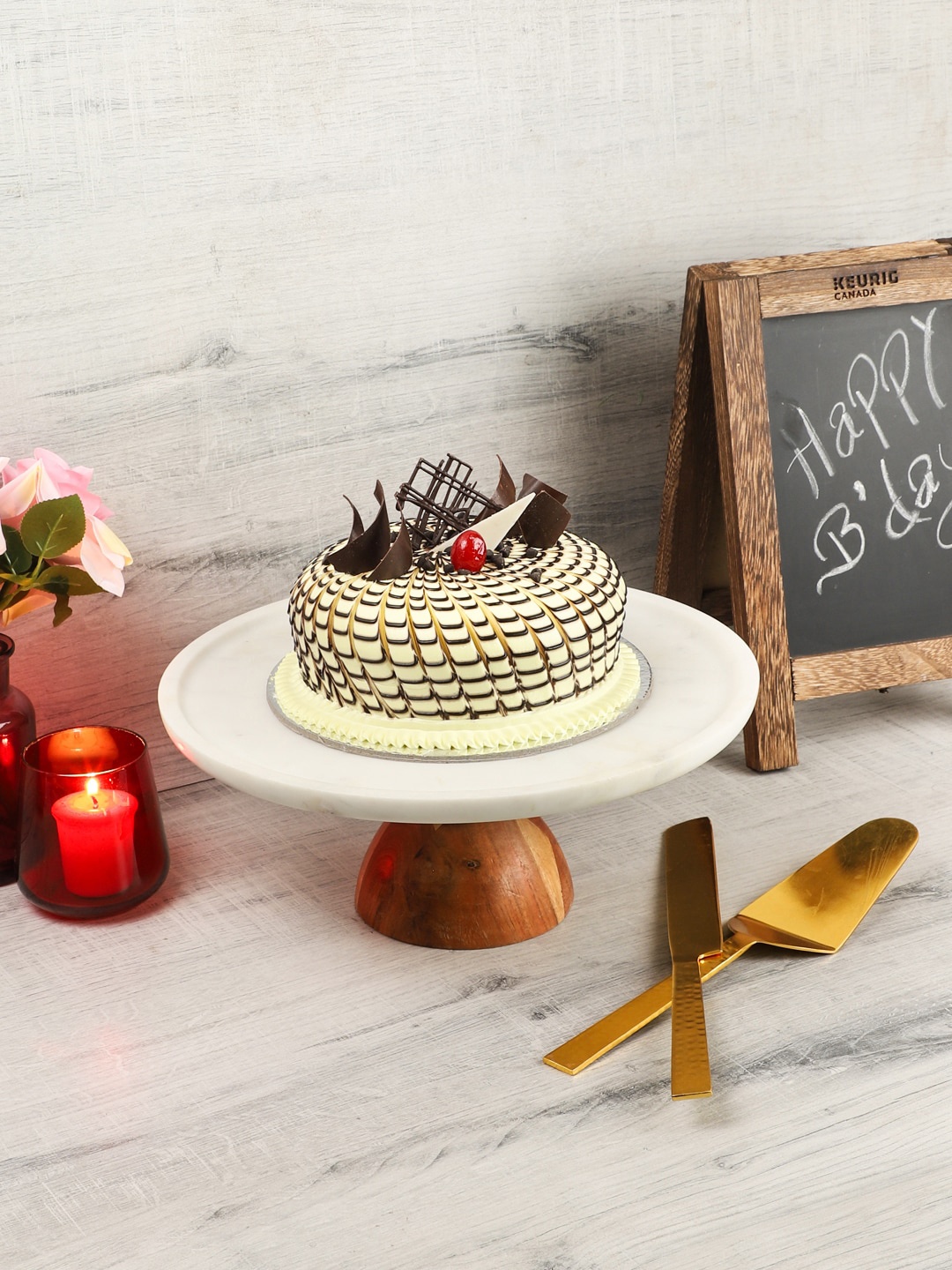 

NikkisPride White & Brown Solid Wooden Base Top Marble Cake Stand