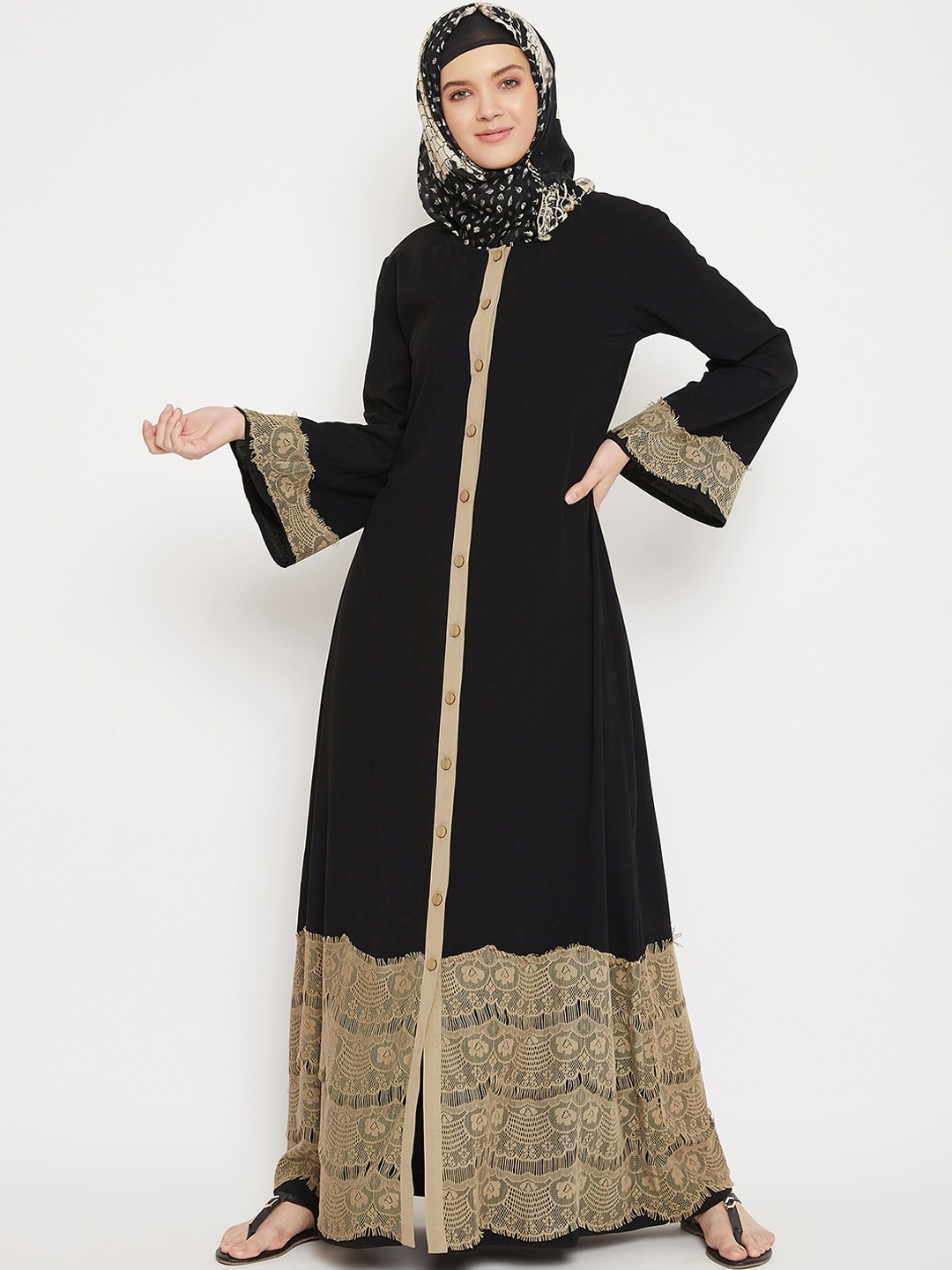 

MOMIN LIBAS Women Black & Beige Solid Abaya Burqa with Lace Detail