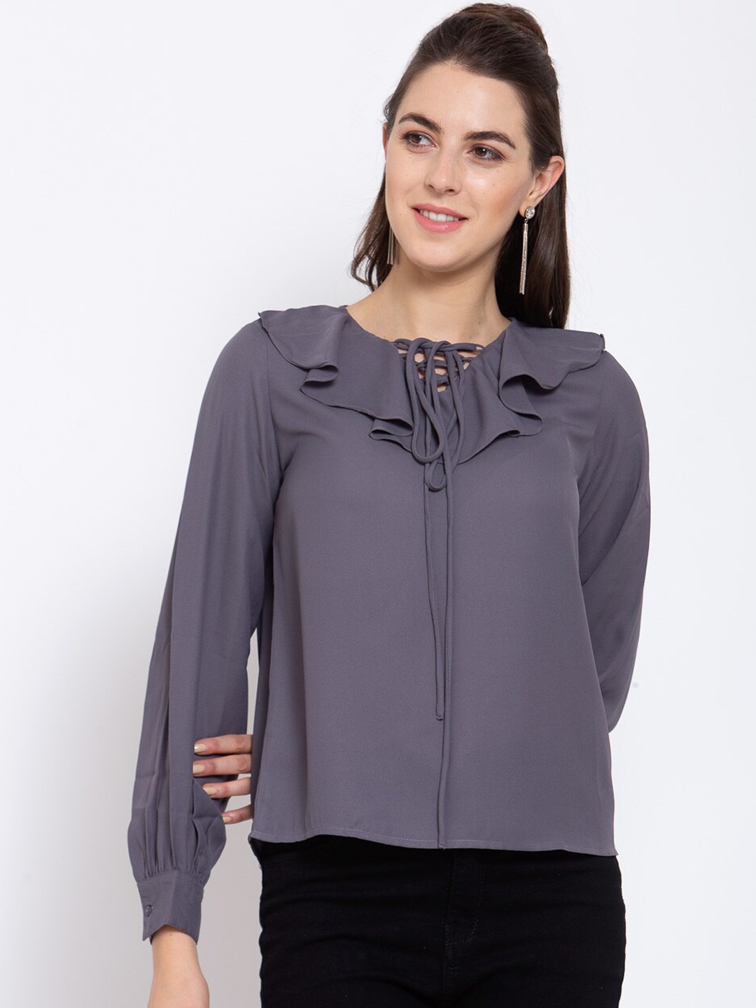 

Style Quotient Grey Tie-Up Neck Crepe Regular Top