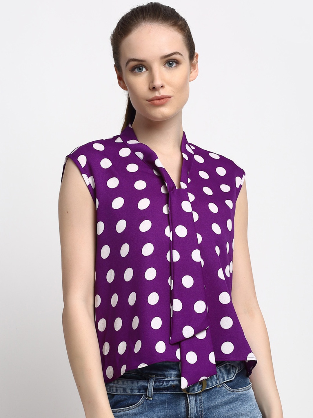 

Just Wow Purple & Off White Printed Mandarin Collar Shirt Style Top