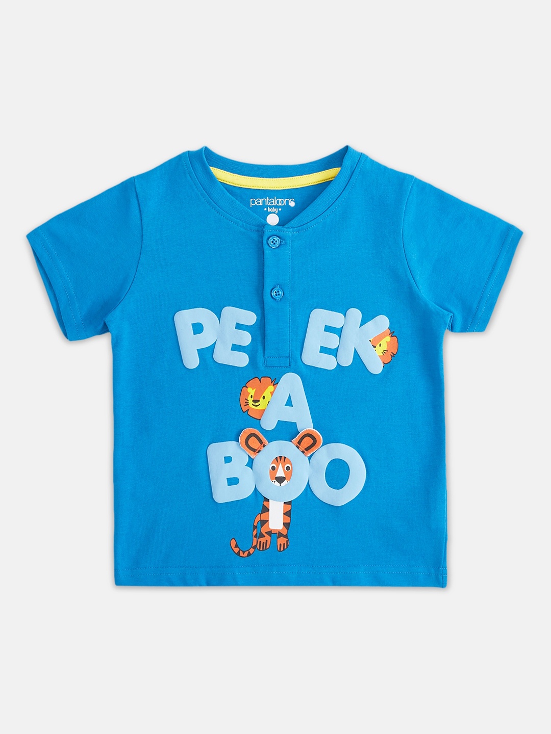 

Pantaloons Baby Boys Blue Printed Pure Cotton Henley Neck T-shirt