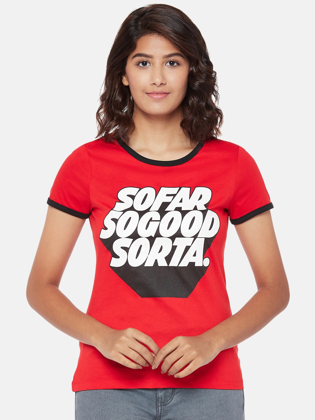 

Honey by Pantaloons Women Red Printed Cotton Round Neck Pure Cotton T-shirt