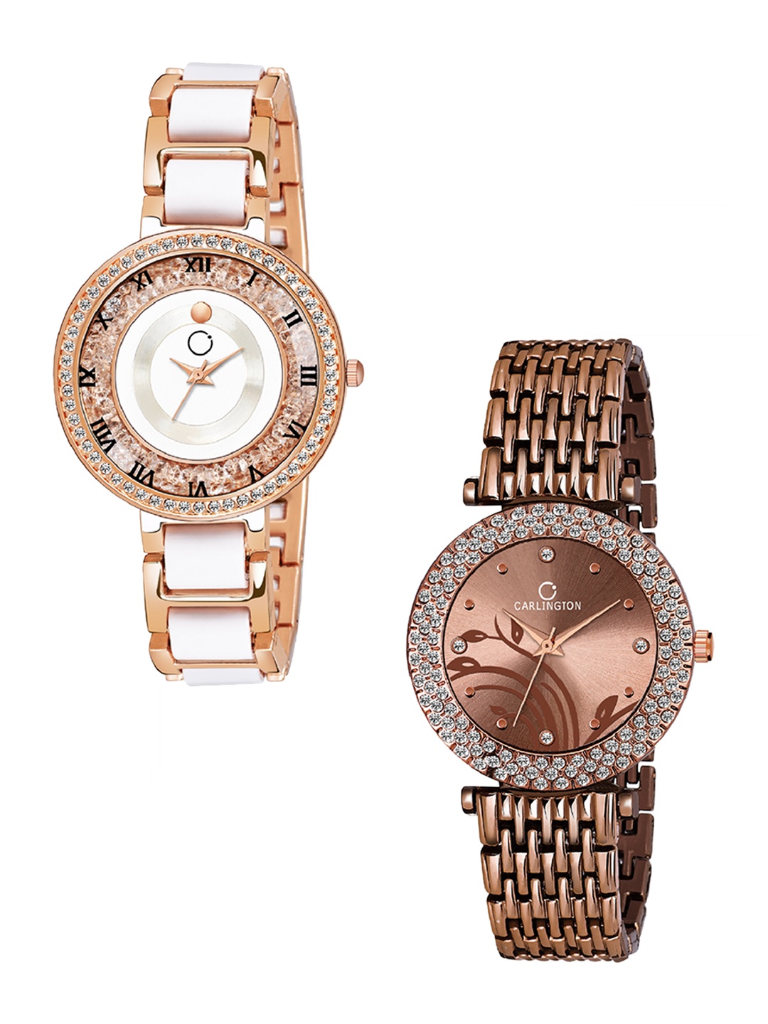 

CARLINGTON Women Pack of 2 Analogue Watch Combo Mova RoseWhite and 105 Brown