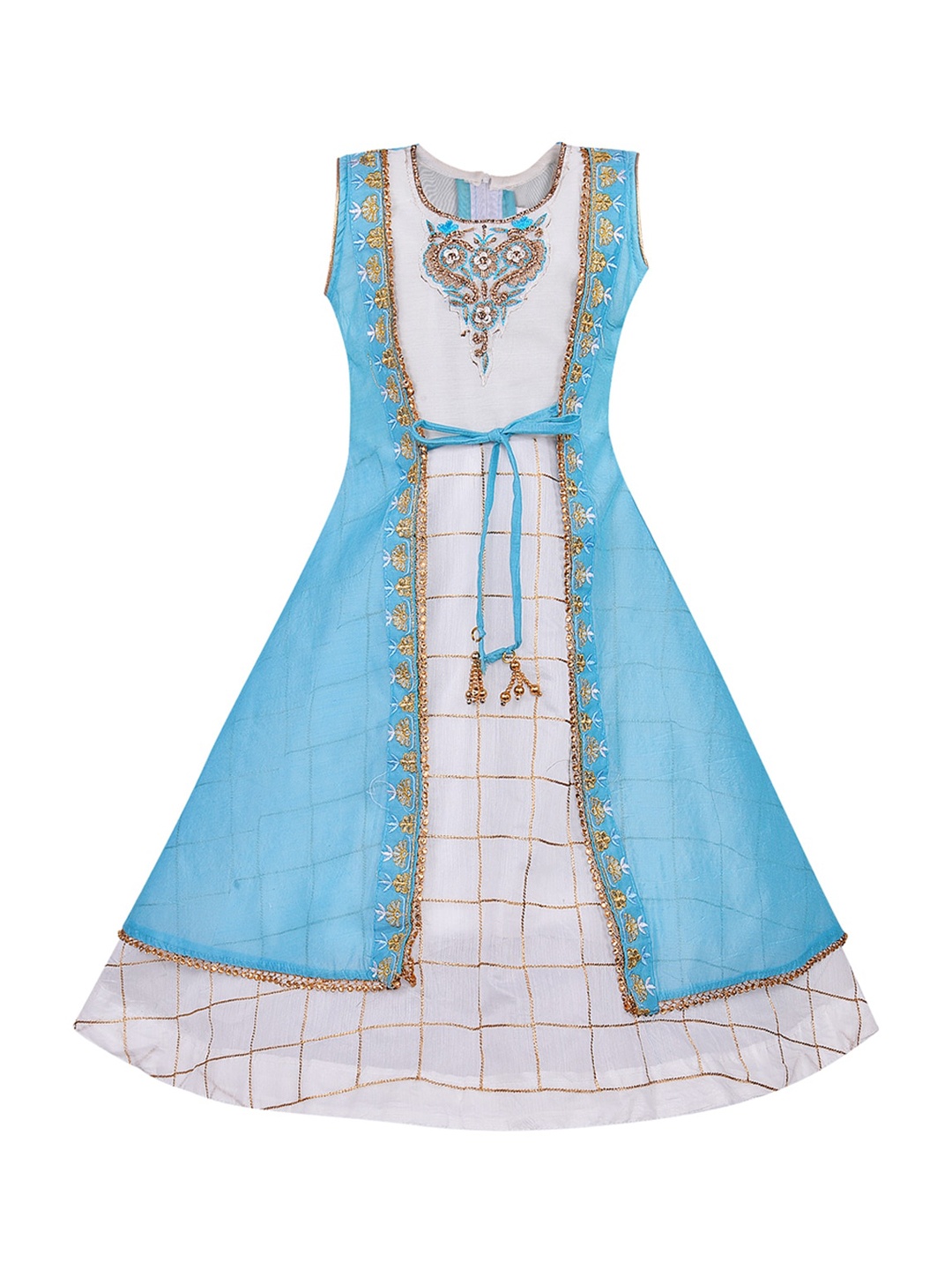 

Wish Karo Girls Blue & White Checked Layered Silk Gown Dress