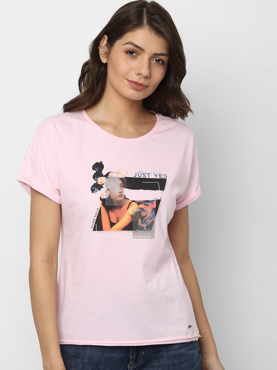 

Allen Solly Woman Women Pink Printed Cotton Round Neck T-shirt