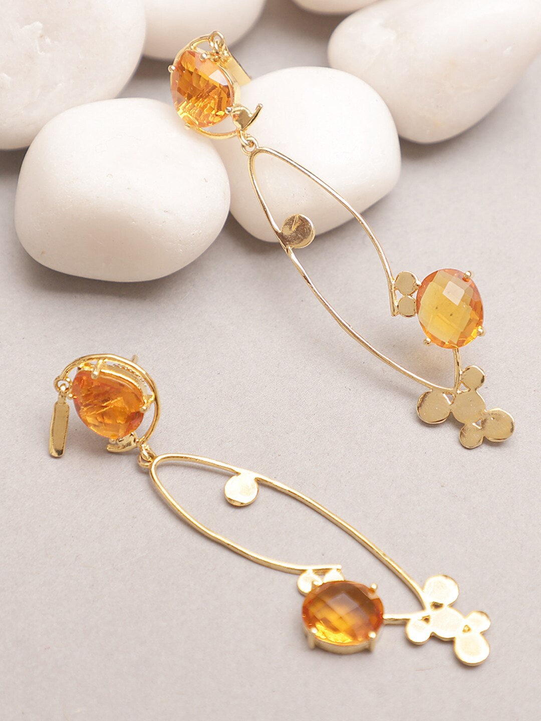 

XAGO Yellow Gold-Plated Studded Contemporary Drop Earrings