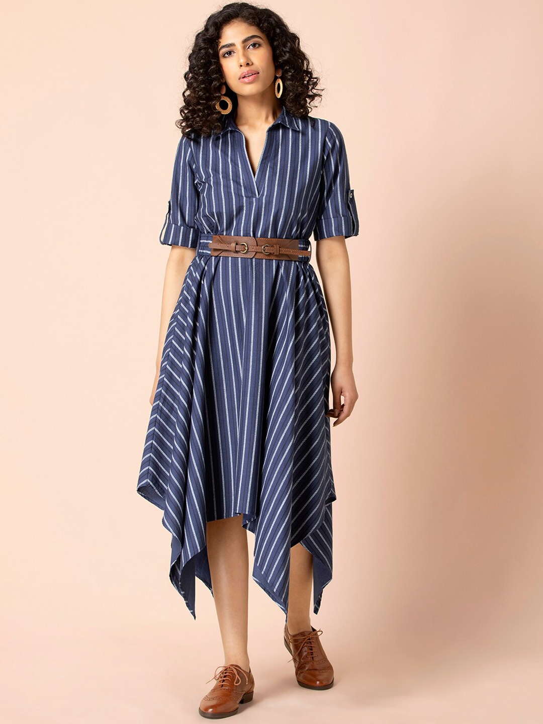 

Earthen BY INDYA Blue Striped High Low Dress with Belt, Navy blue