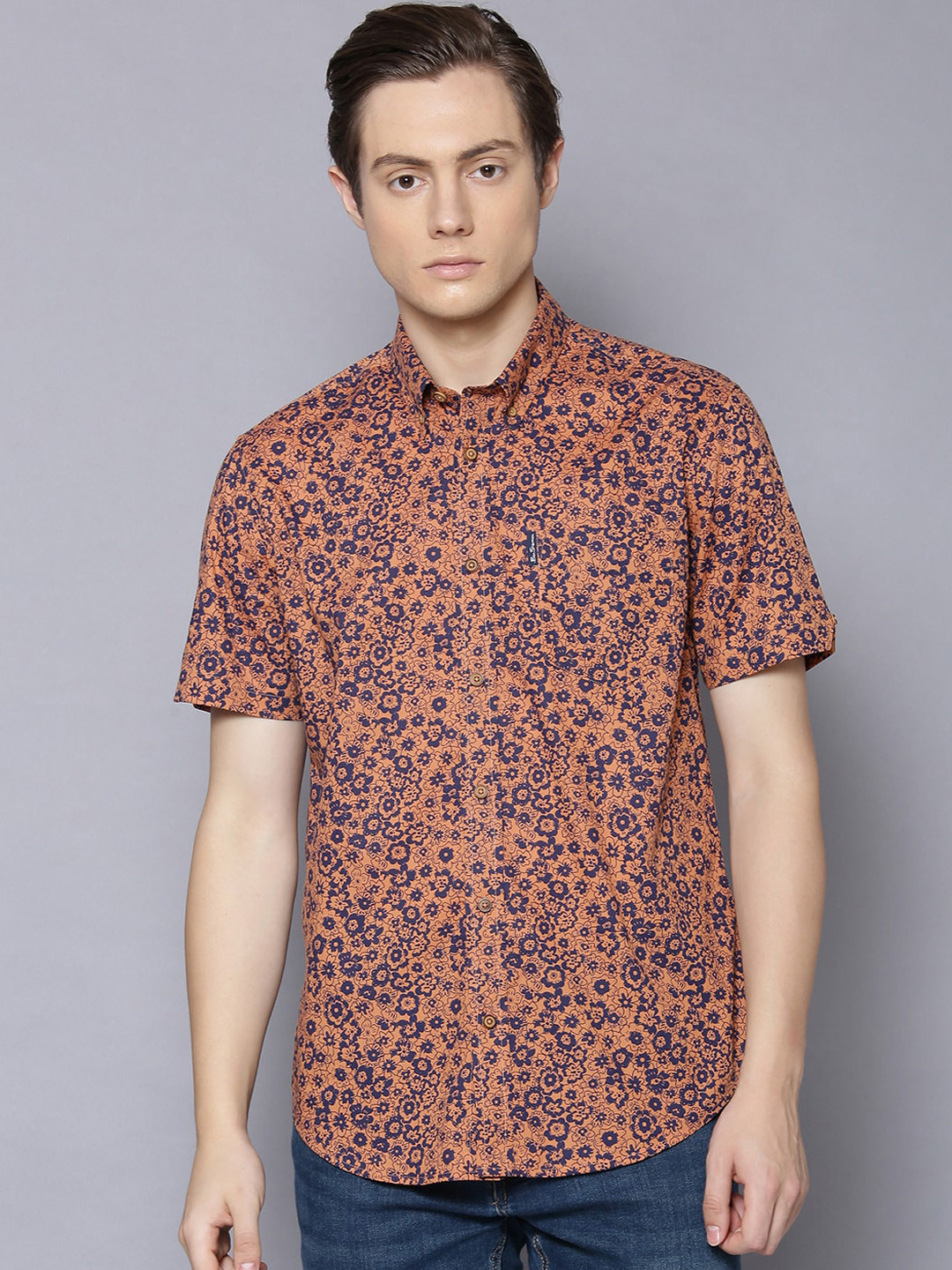 

BEN SHERMAN Men Orange & Navy Blue Regular Fit Printed Casual Shirt