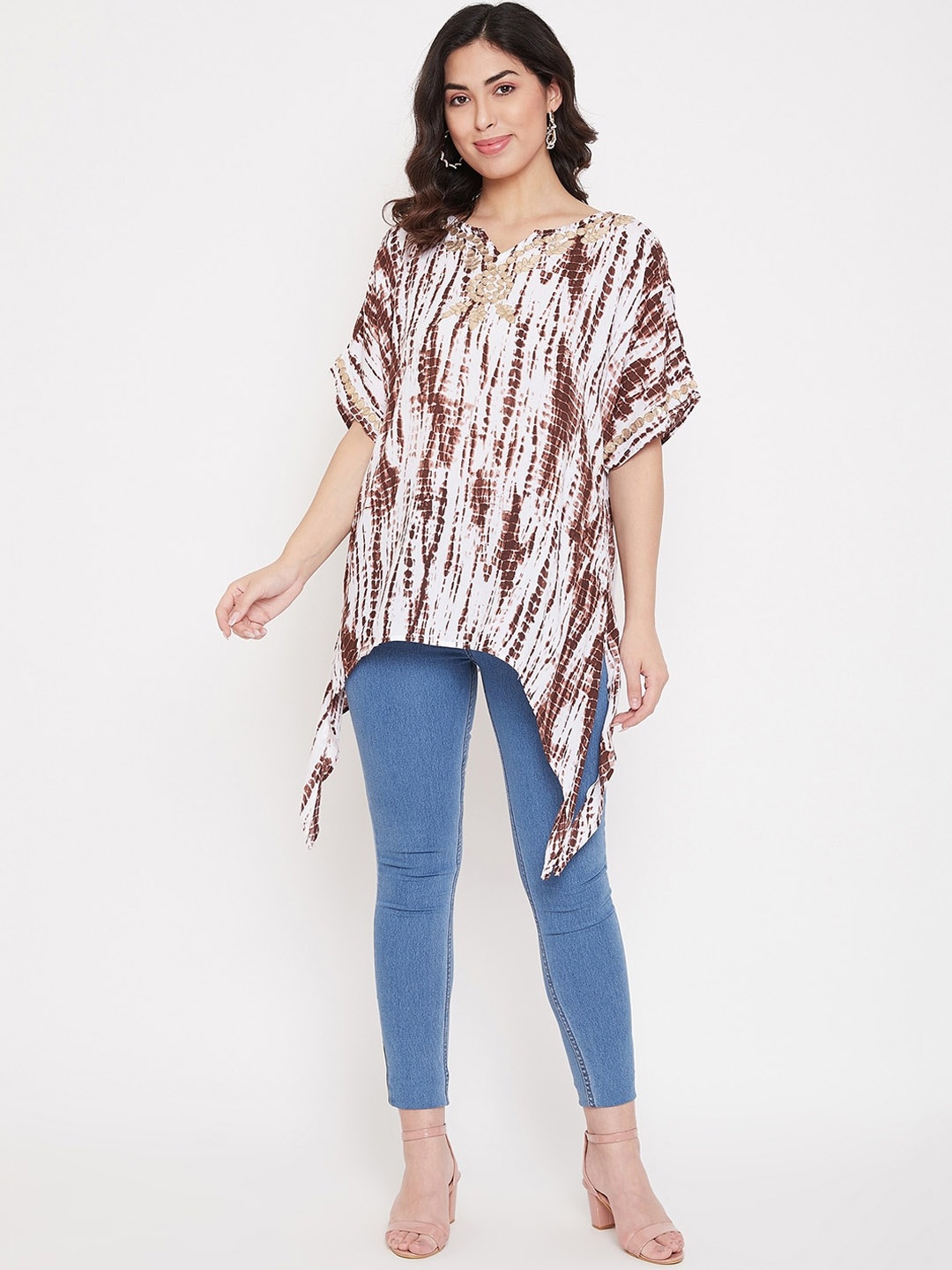 Ruhaans Brown Tie and Dye Kimono Sleeves Kaftan Top