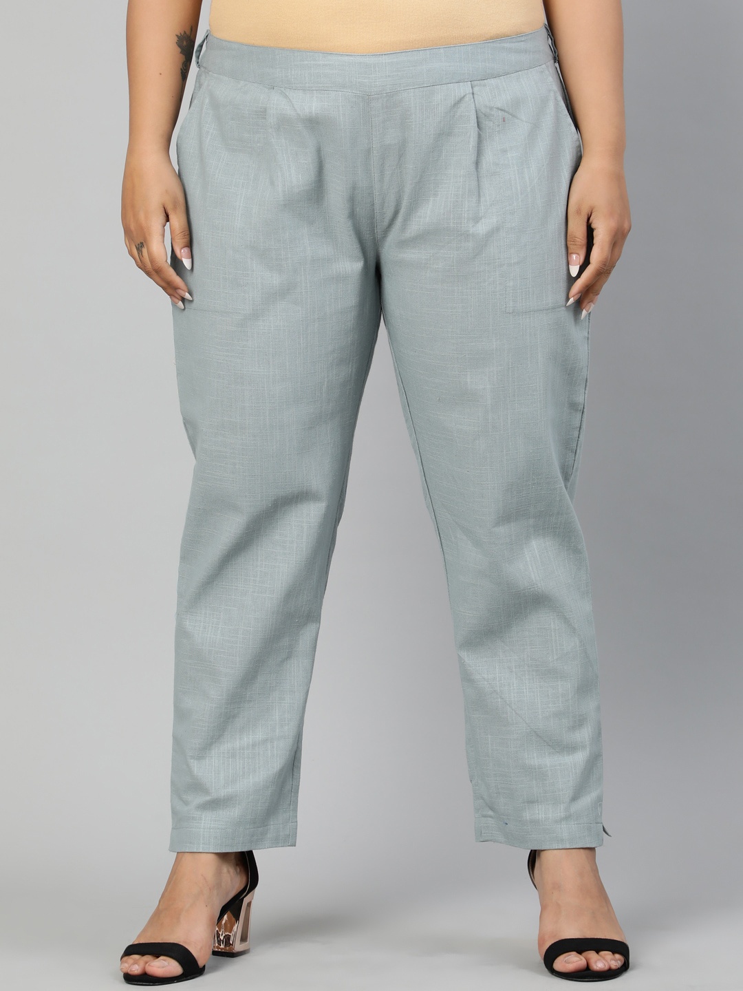 

Jaipur Kurti Plus Size Women Grey Solid Regular Trousers