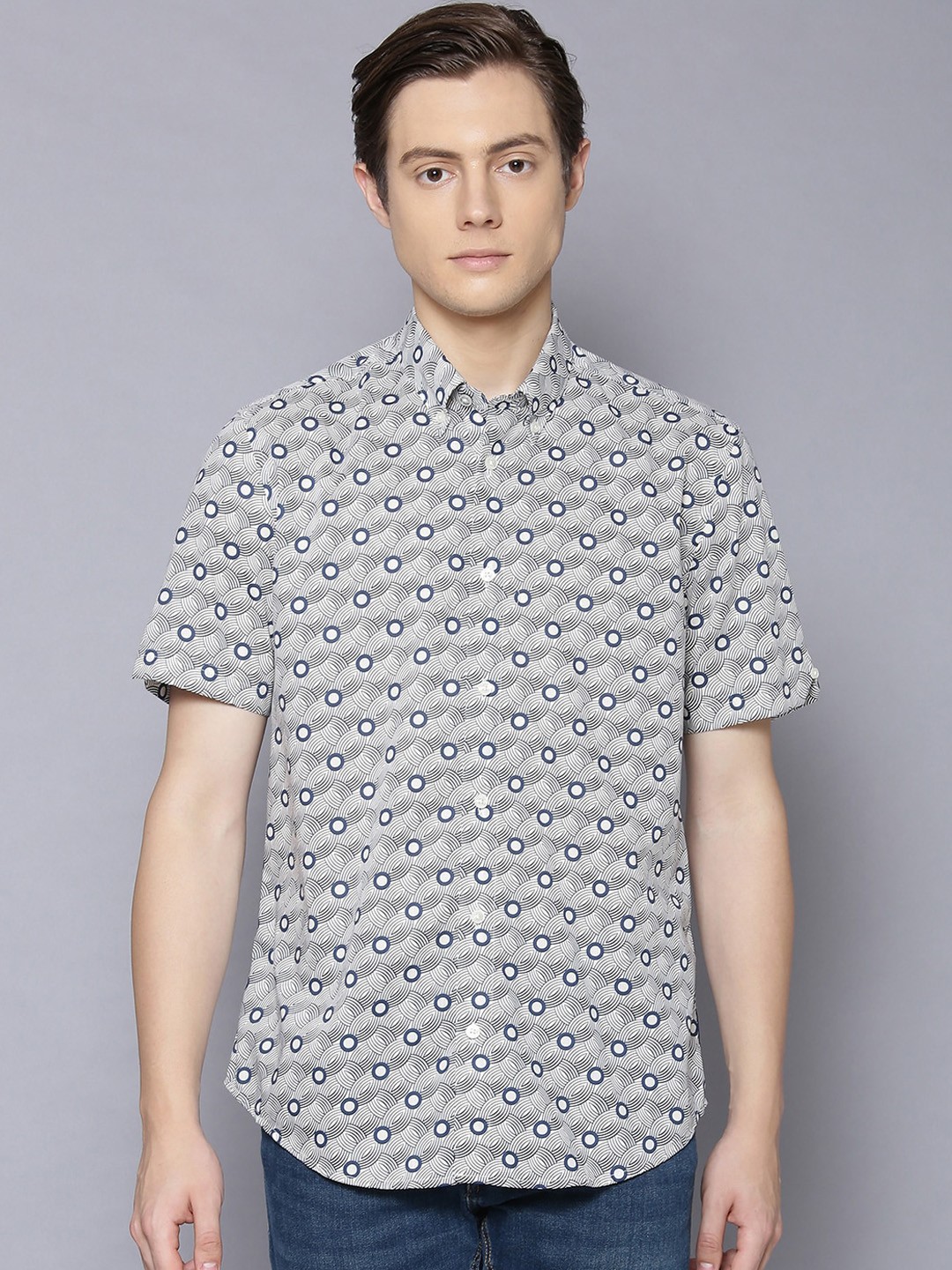 

BEN SHERMAN Men Blue & White Regular Fit Printed Cotton Casual Shirt
