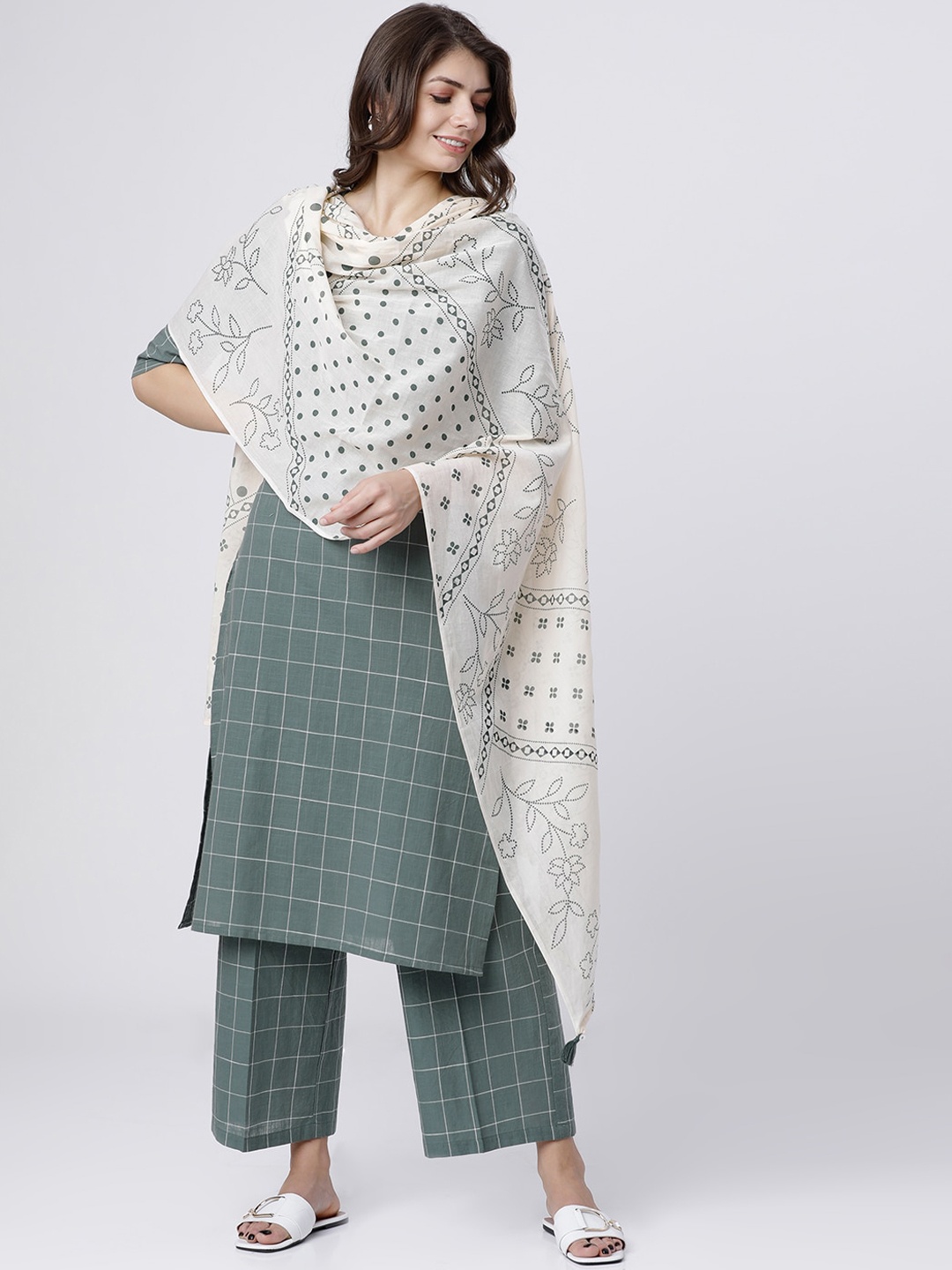 

Vishudh Women Green & Cream-Coloured Checked Kurta with Palazzos & Dupatta