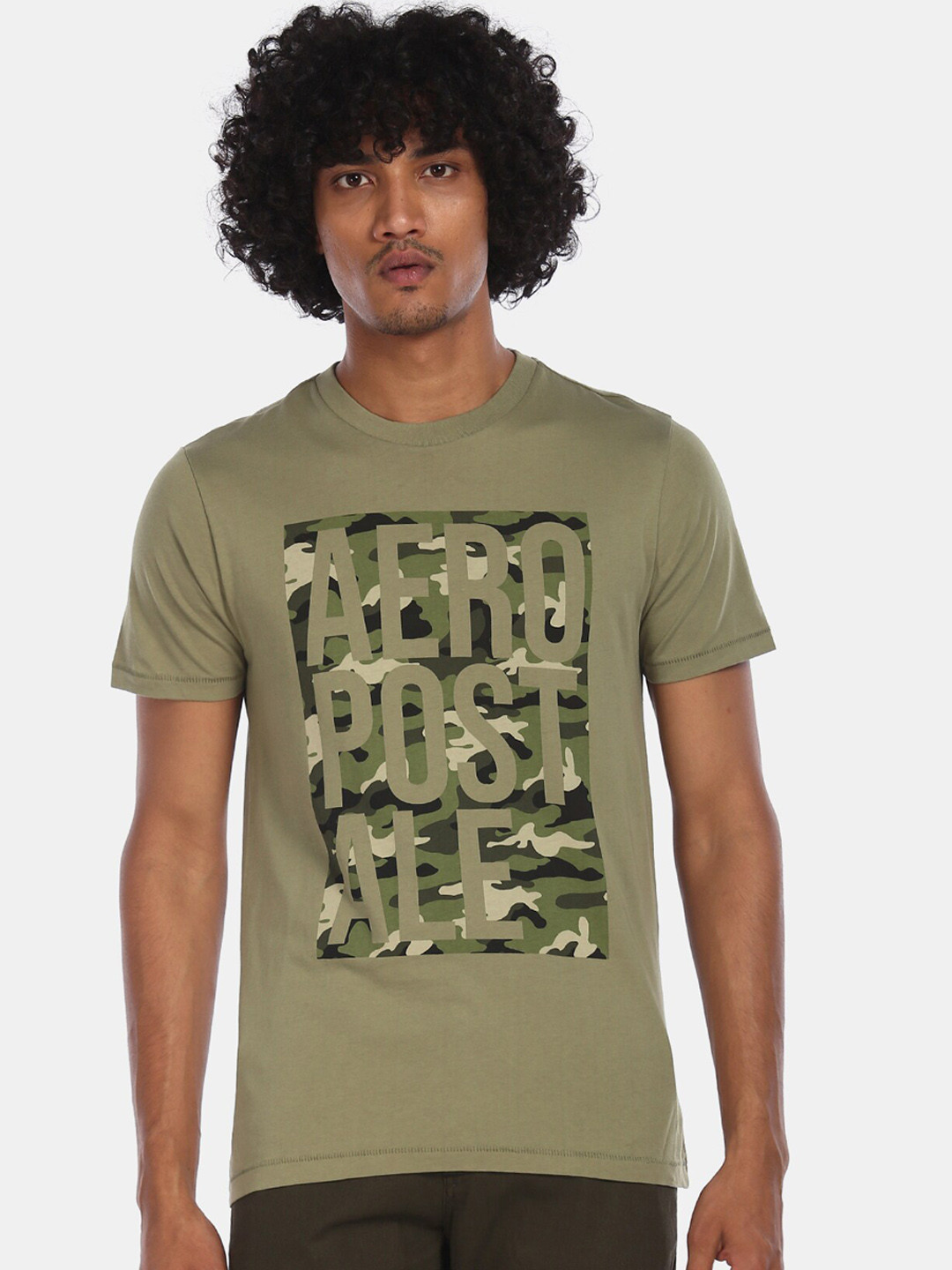 

Aeropostale Men Green Printed Round Neck Cotton Pure Cotton T-shirt