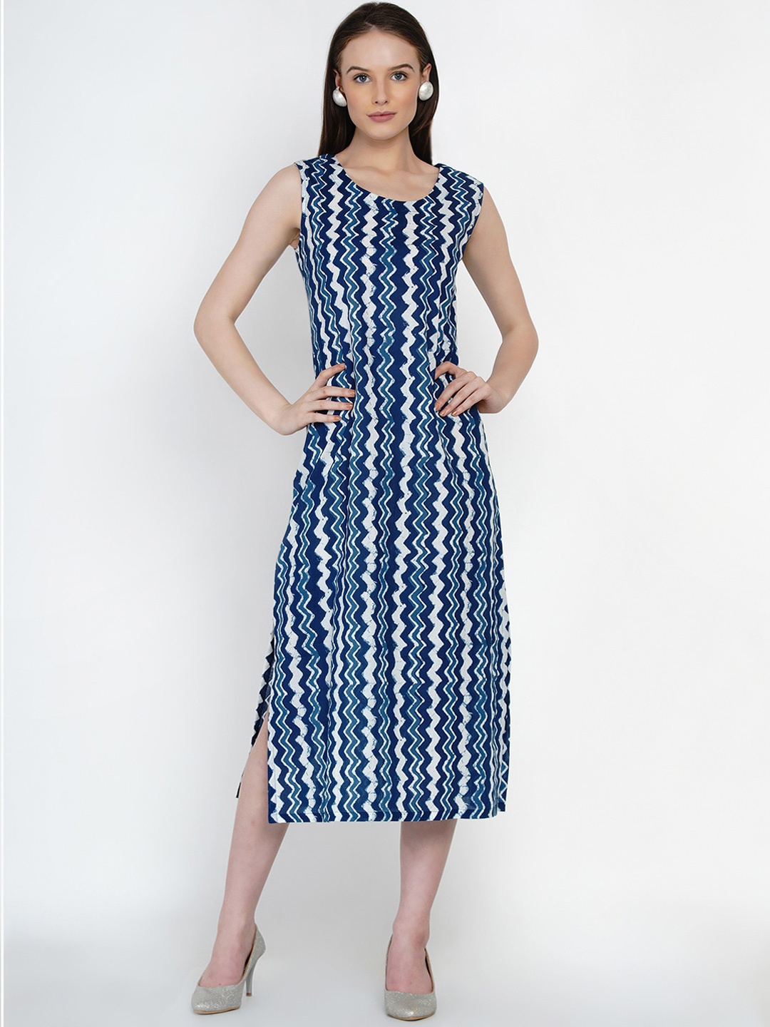 

FABNEST Women Navy Blue & White Printed Pure Cotton A-Line Dress