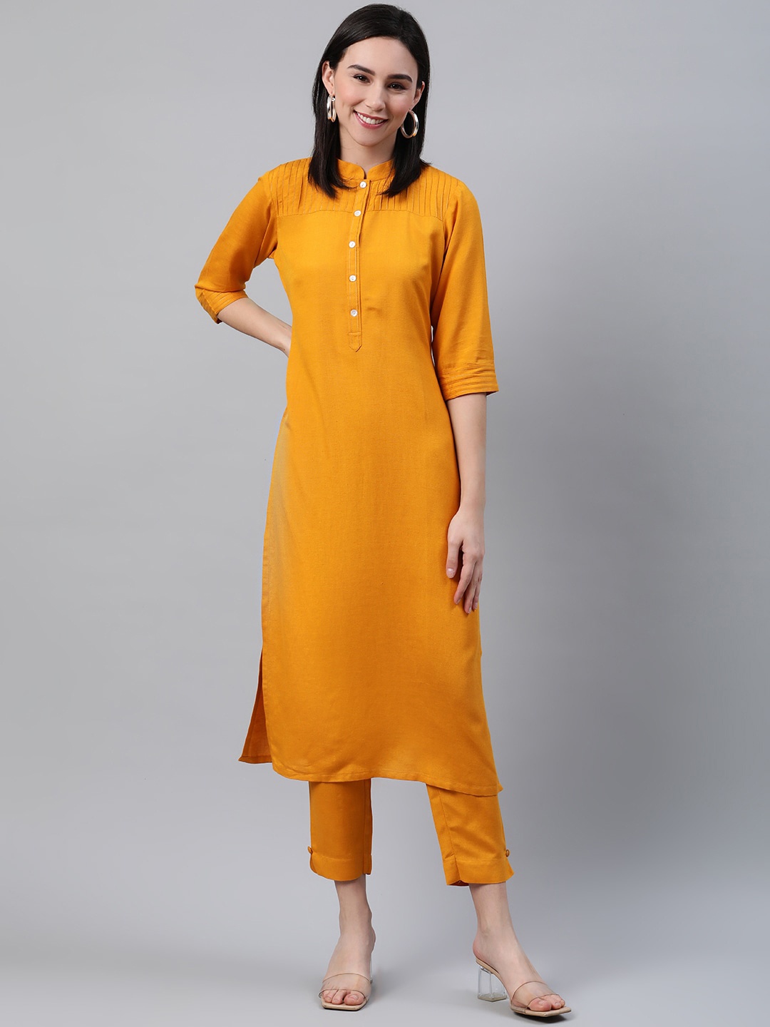

Libas Women Mustard Yellow Solid Cotton Straight Kurta