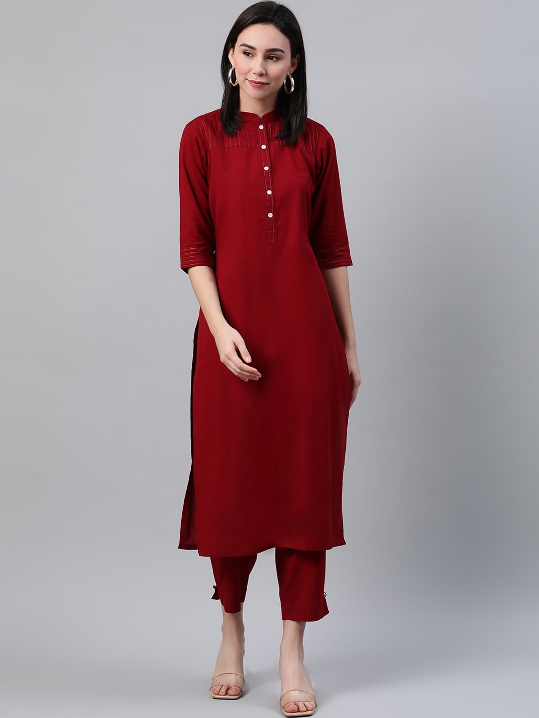 

Libas Women Maroon Mandarin Collar Kurta