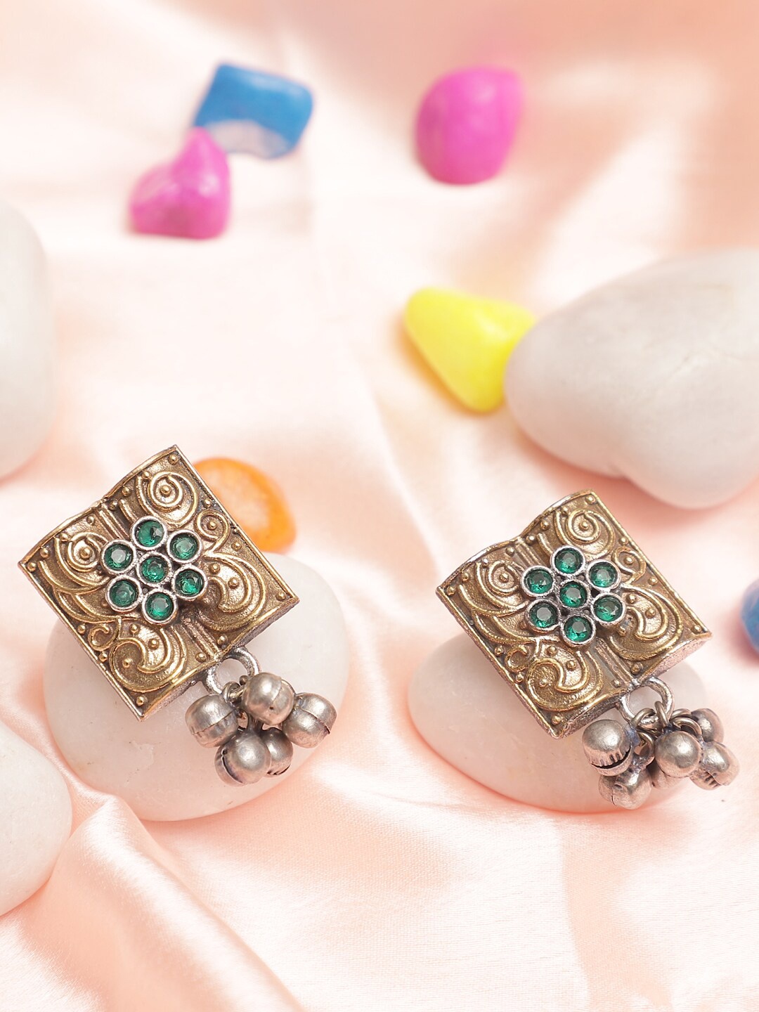 

XAGO Gold-Toned & Green Silver-Plated Oxidised Studded Square Drop Earrings