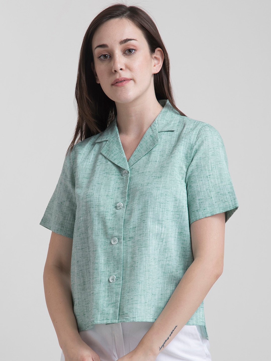 

FableStreet Women Green Pure Cotton Self Design Casual Shirt