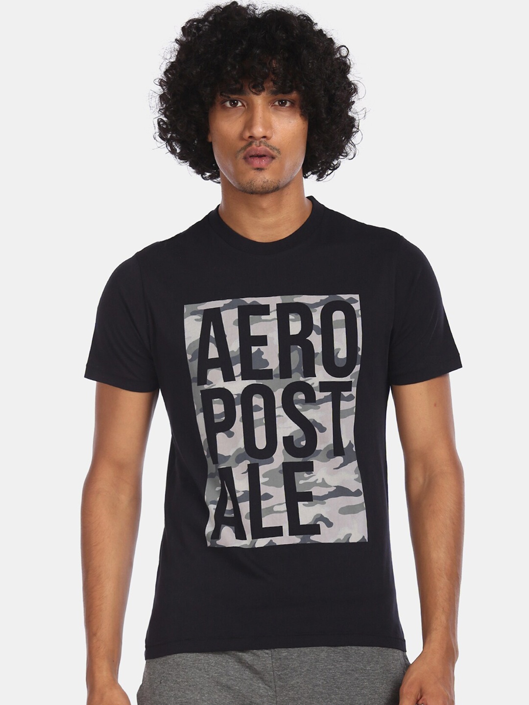 

Aeropostale Men Black Brand Logo Printed Round Neck T-shirt