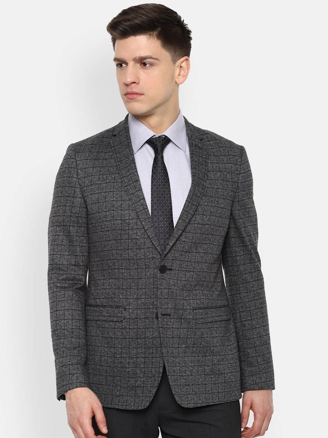 

Louis Philippe Sport Men Charcoal Grey Checked Super Slim-Fit Single-Breasted Formal Blazer