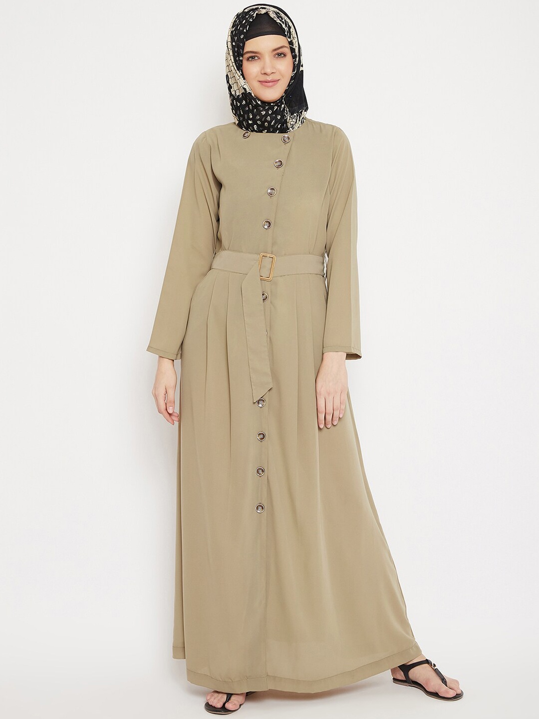 

MOMIN LIBAS Women Beige Solid Front Open Abaya Burqa with Belt