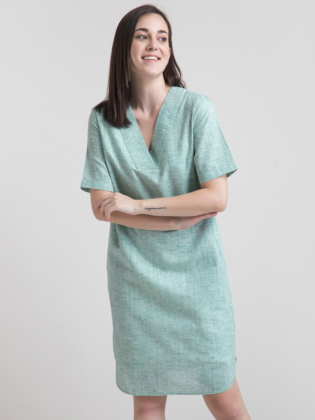 FableStreet Women Green Solid A-Line Dress