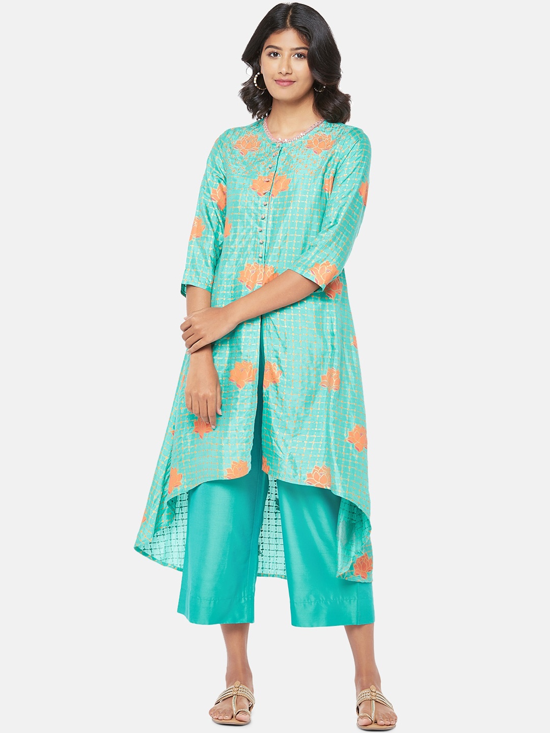 

RANGMANCH BY PANTALOONS Women Turquoise Blue Printed High-Low Kurta with Palazzos