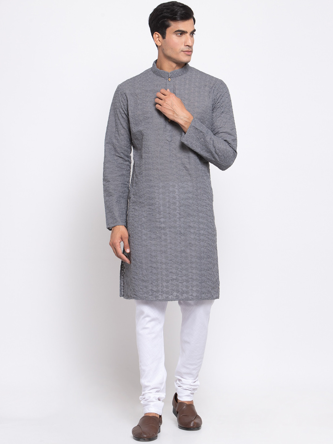 

Badoliya & Sons Men Grey Woven Design Kurta with Churidar