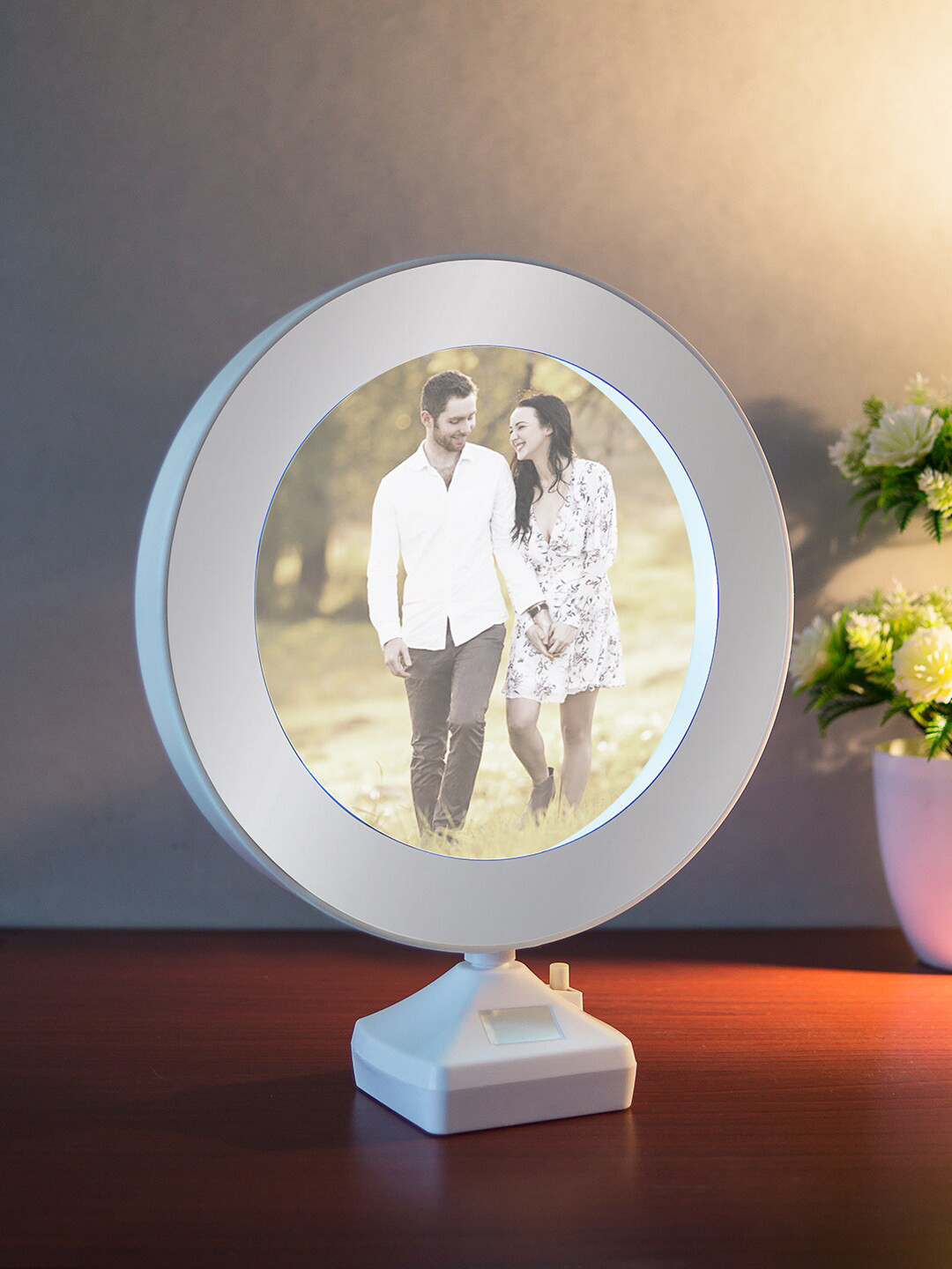 

Golden Peacock White Round-Shape LED Magic Mirror Table Top Photo Frame