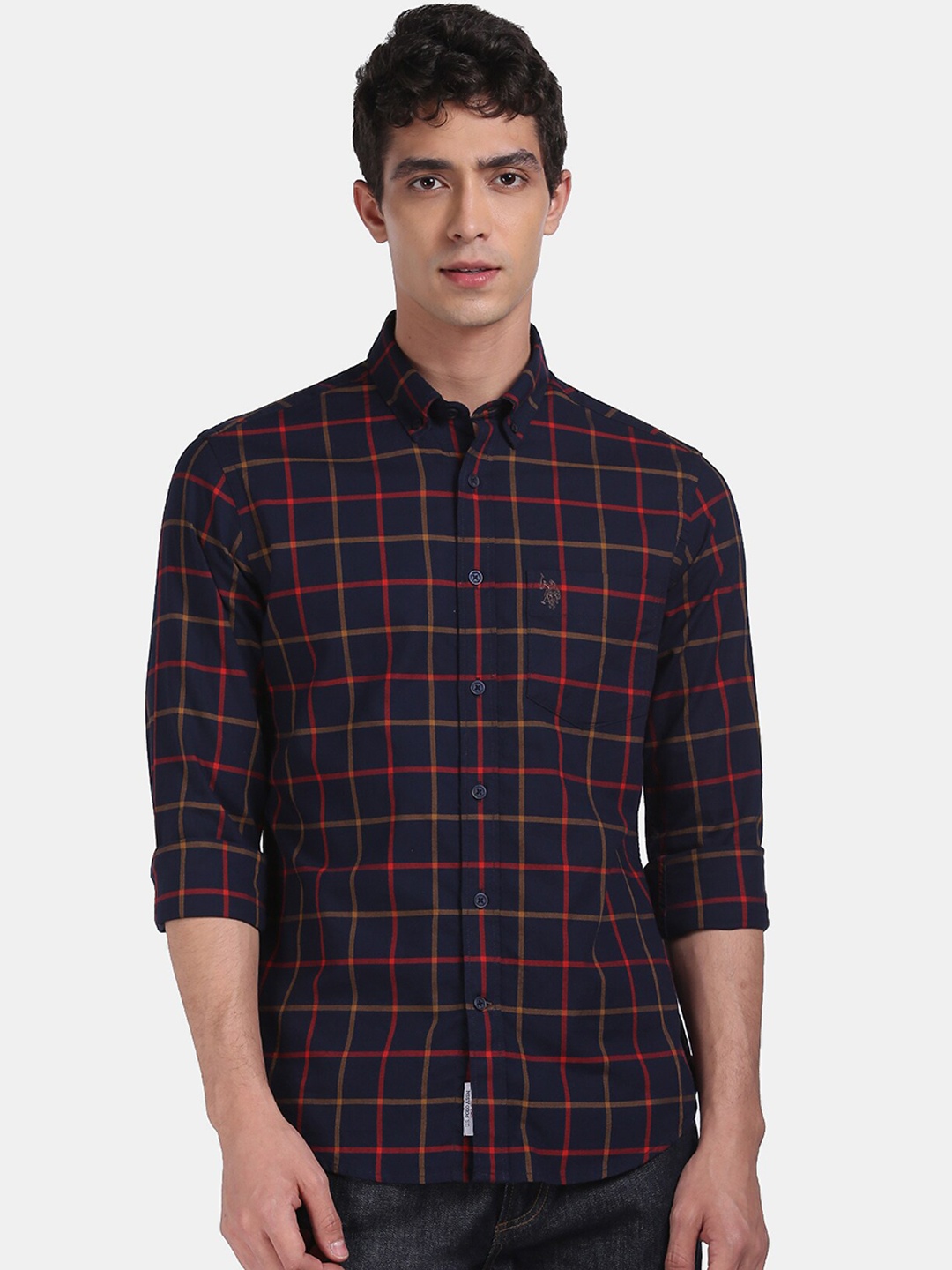 

U.S. Polo Assn. Men Navy Blue & Red Regular Fit Checked Casual Shirt