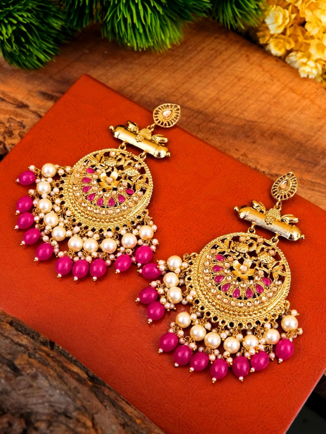 

Crunchy Fashion Off-White & Pink Gold-Plated Handcrafted Circular Drop Earrings