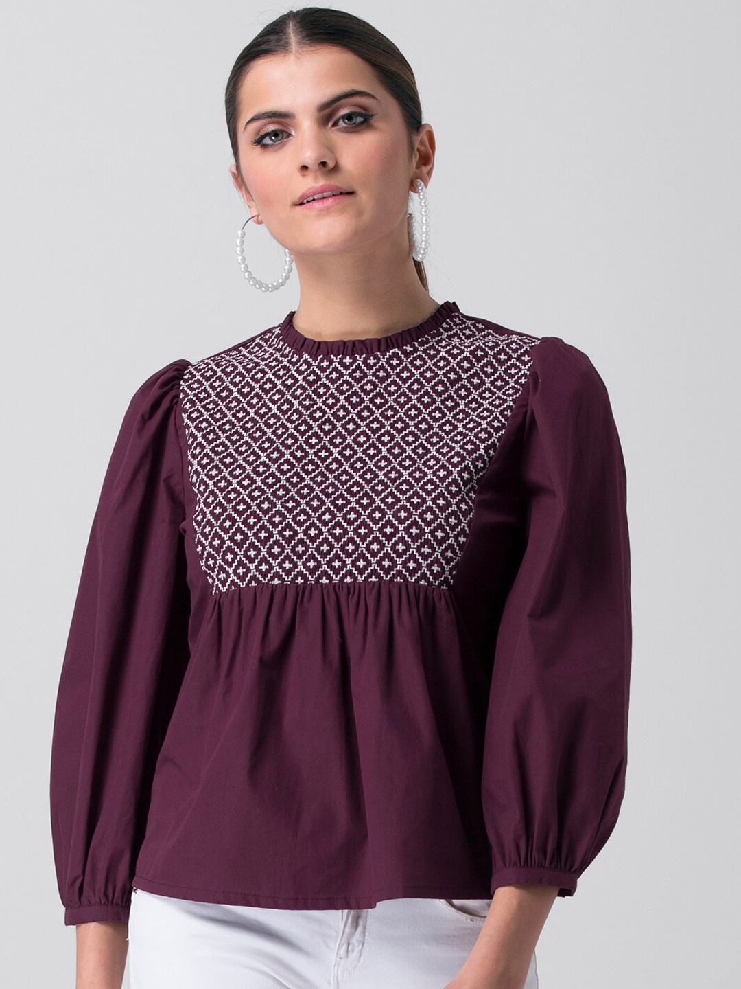 

FabAlley Purple & White Geometric Embroidered Puff Sleeves Pure Cotton Boxy Top