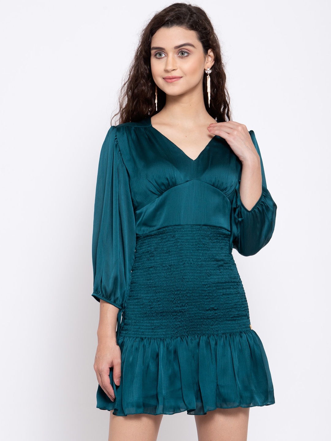 EMBLAZE Women Green Solid Smoked A-Line Dress