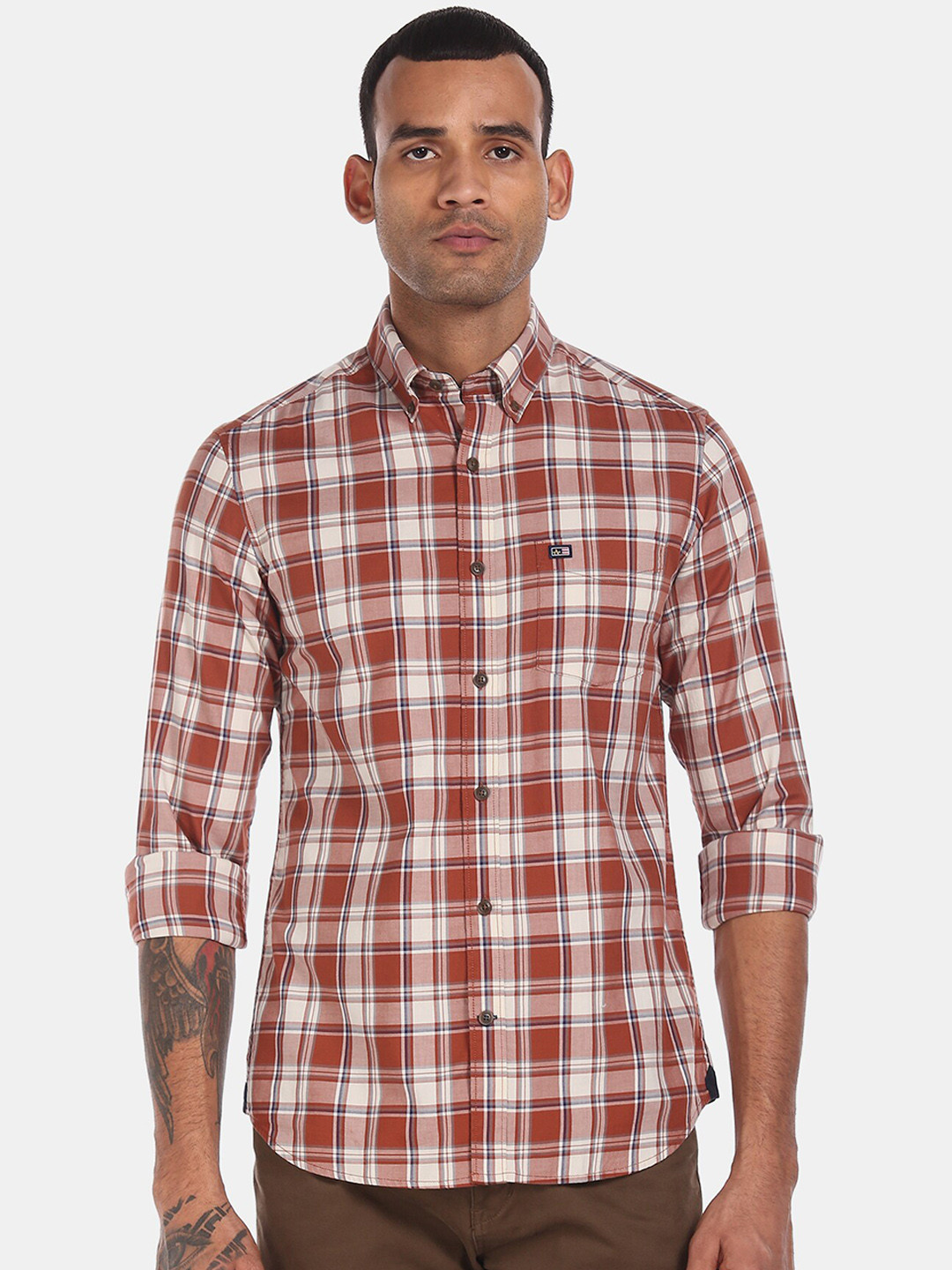 

Arrow Sport Men Rust & White Regular Fit Checked Casual Shirt