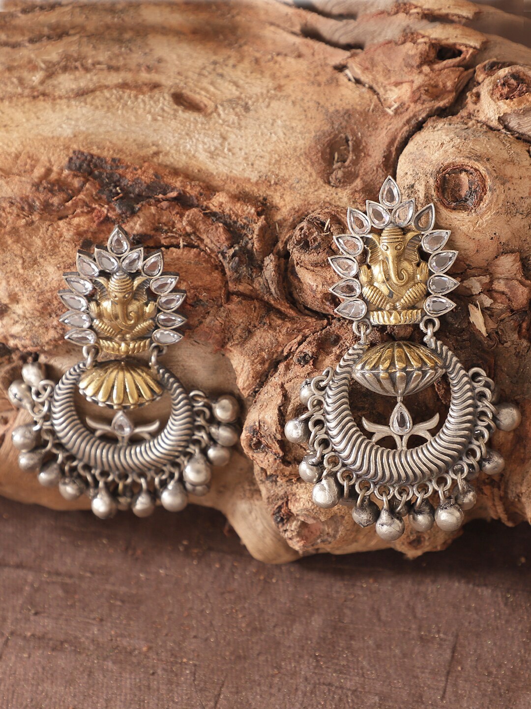 

XAGO Silver & Gold Toned Oxidized Contemporary Chandbalis