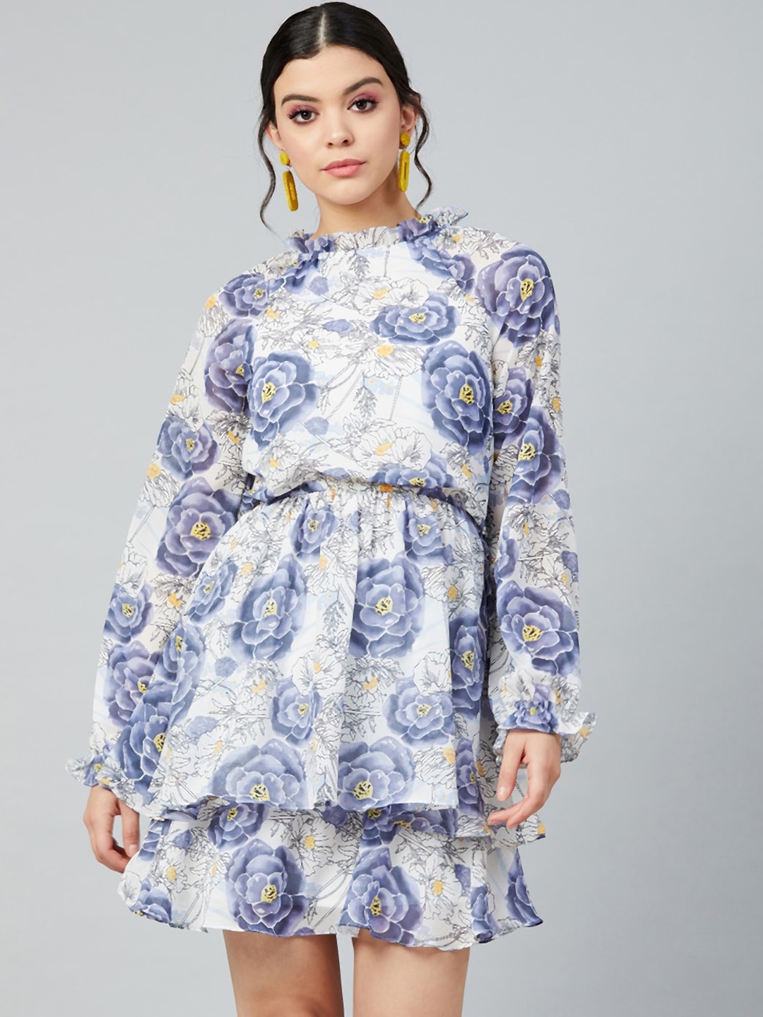 

Athena Women Blue Floral Printed Layered Puff Sleeves Blouson Dress
