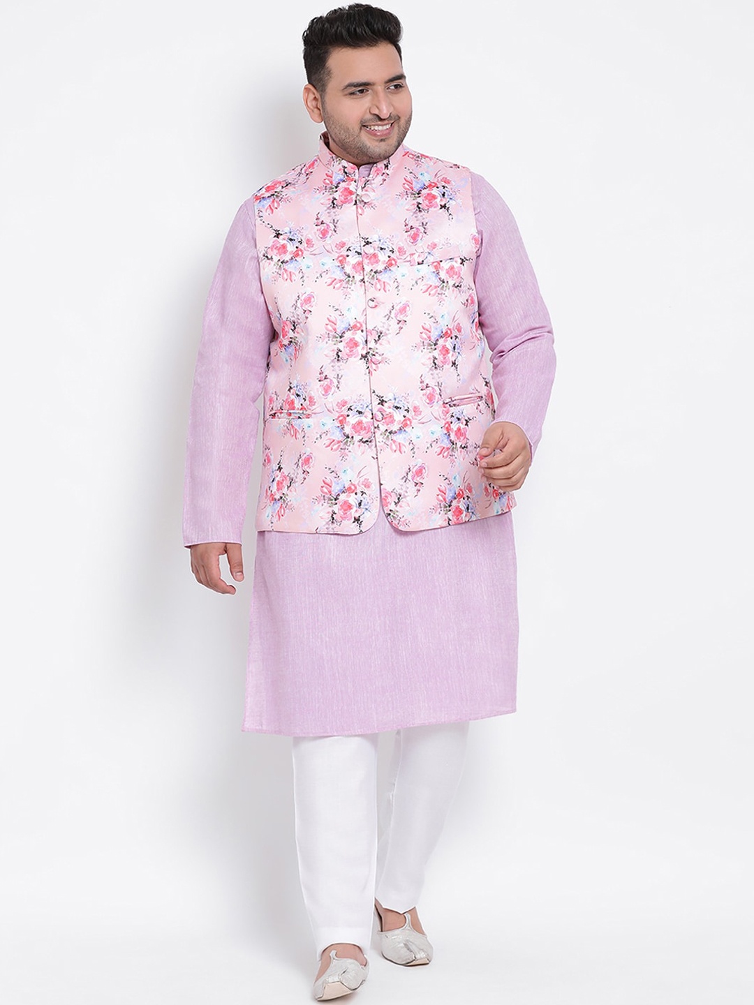 

Hangup Men Purple & White Solid Kurta with Pyjamas With Nehru Jacket