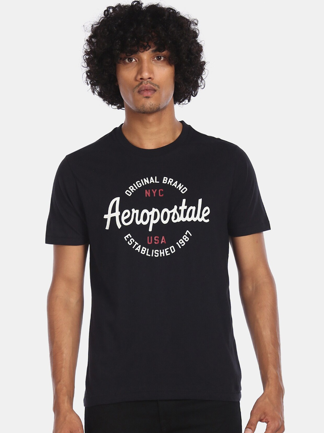 

Aeropostale Men Black Printed Round Neck Pure Cotton T-shirt