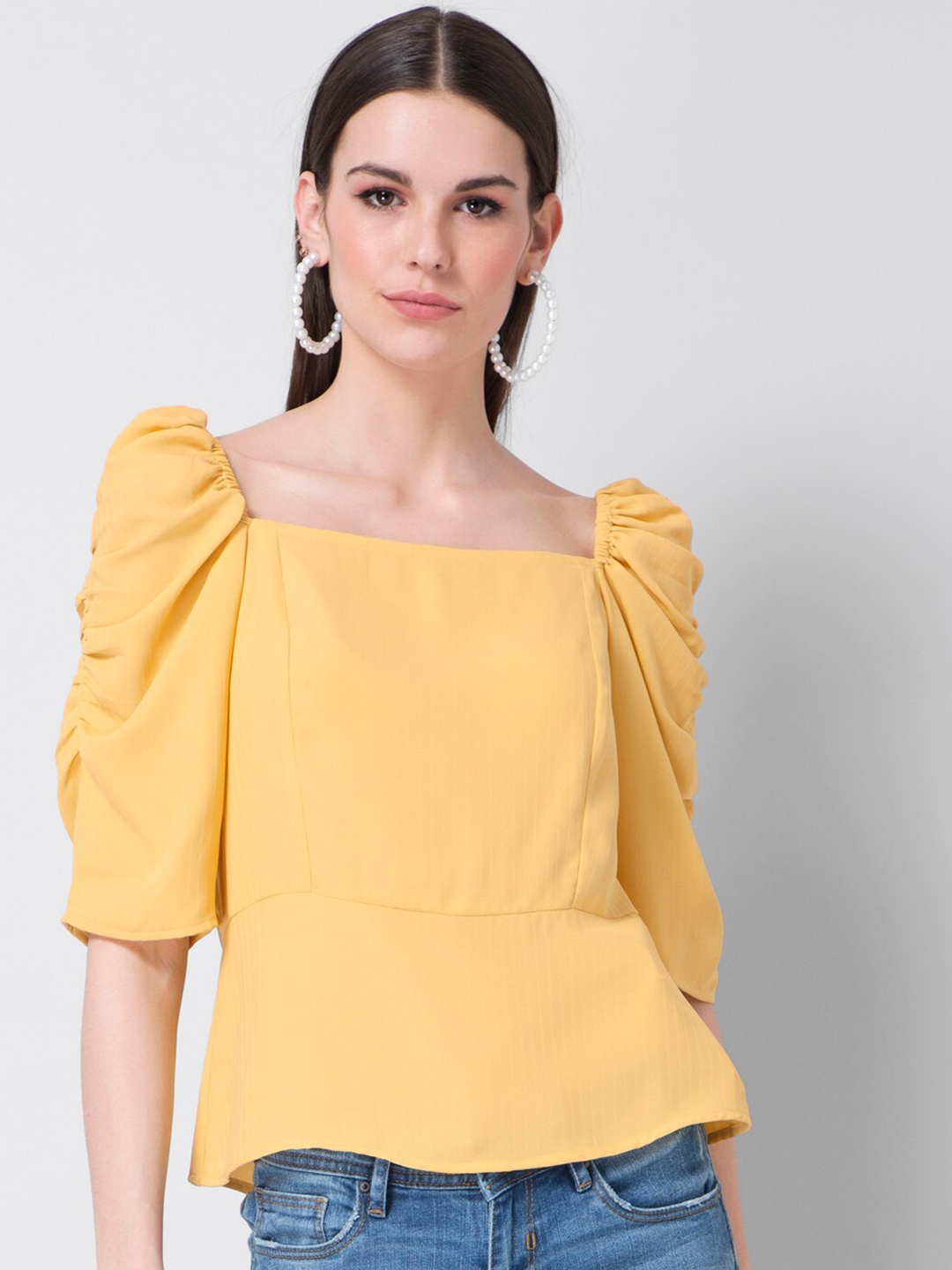 FabAlley Yellow Puff Sleeves Georgette Regular Top
