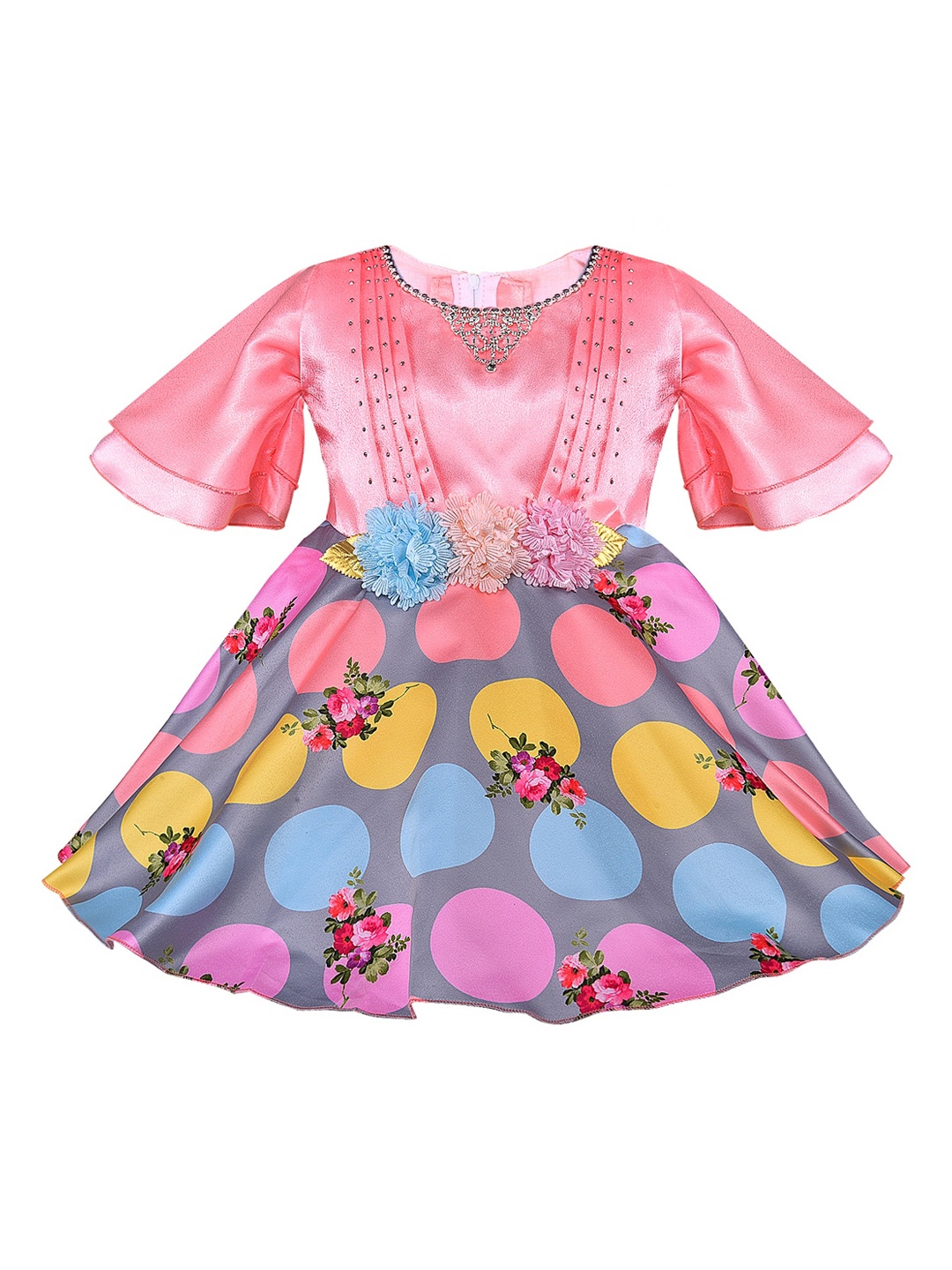 

Wish Karo Girls Pink & Grey Geometric Print Satin Finish Fit and Flare Dress