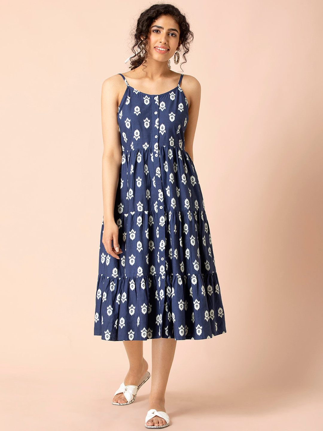 

Earthen BY INDYA Blue Boota Strappy Button Down Dress